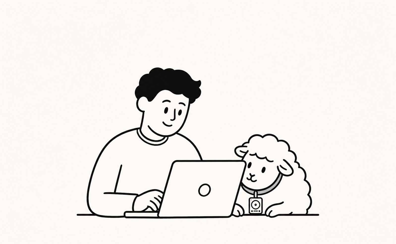 A relaxed operator and a sheep companion working beside a laptop